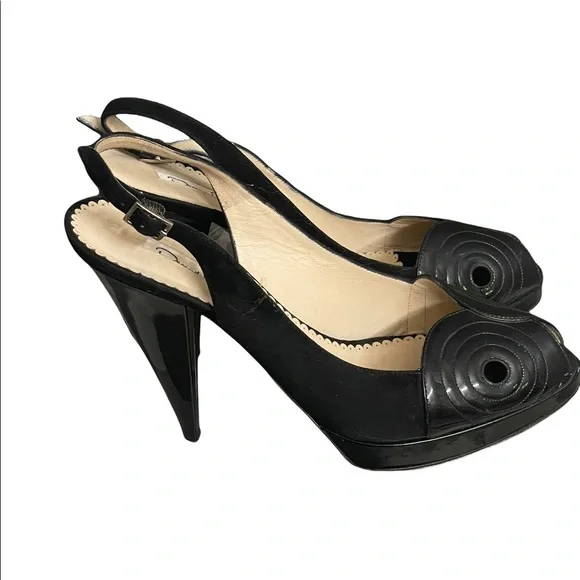 Oscar De La Renta blackPump Platform Open Toe Heels Size 40.5 USA 10.5